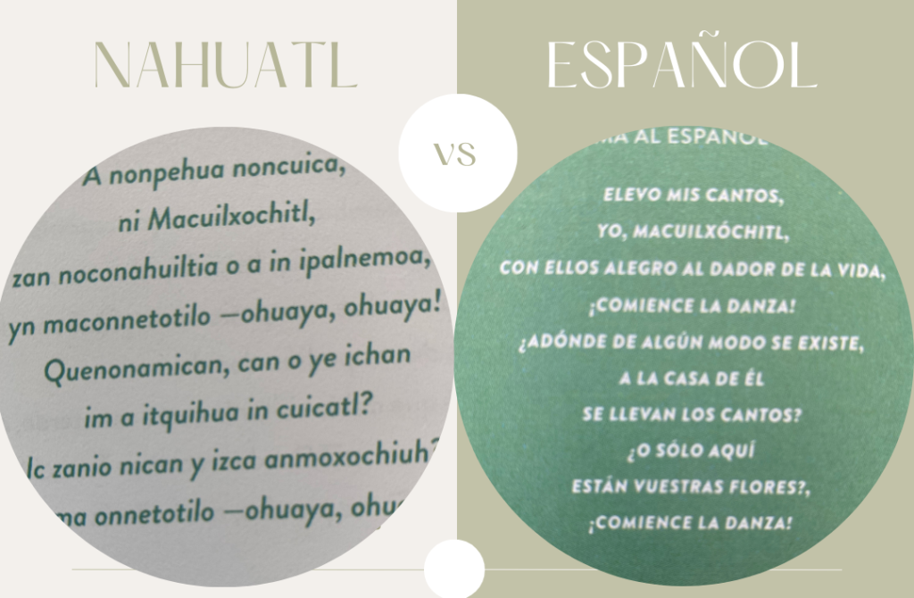 Foto básně nahuatl se španělským překladem.